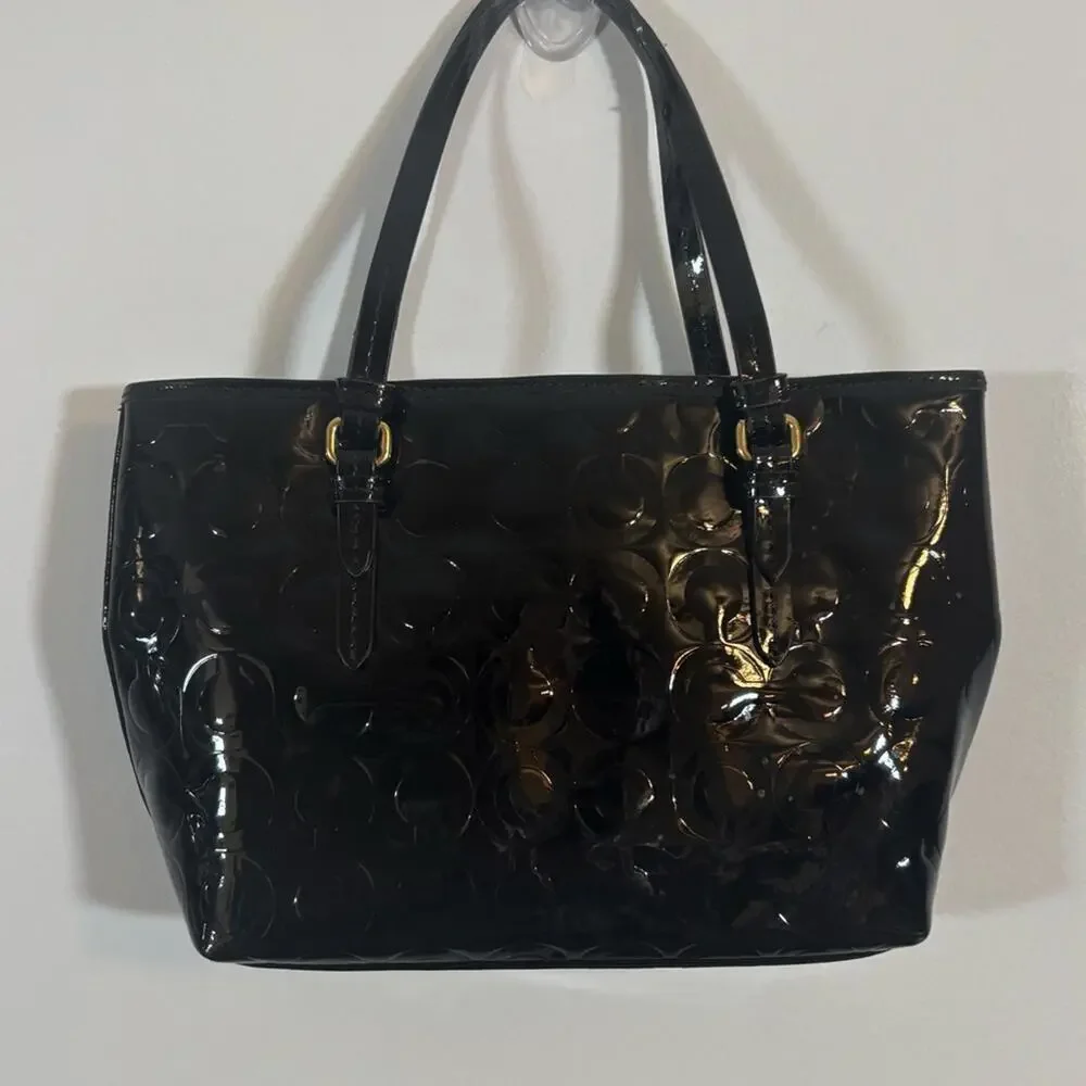 Coach Black Patent Leather Embossed Signature Tote Bag 13x9” Gold Hardware